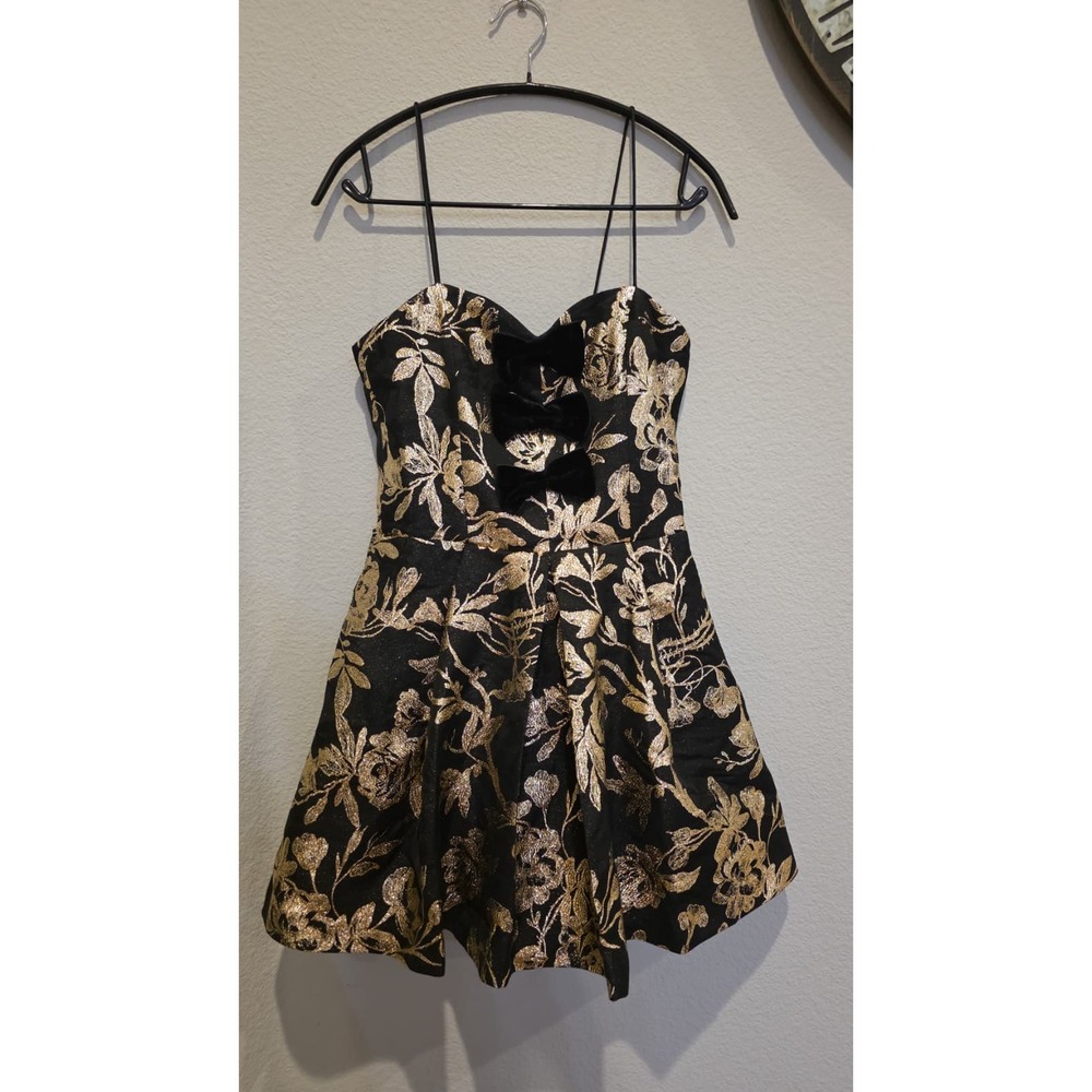 Alice + Olivia Black Gold Metallic Floral Brocade Mini Dress Bow Cocktail 2 - Picture 4 of 15